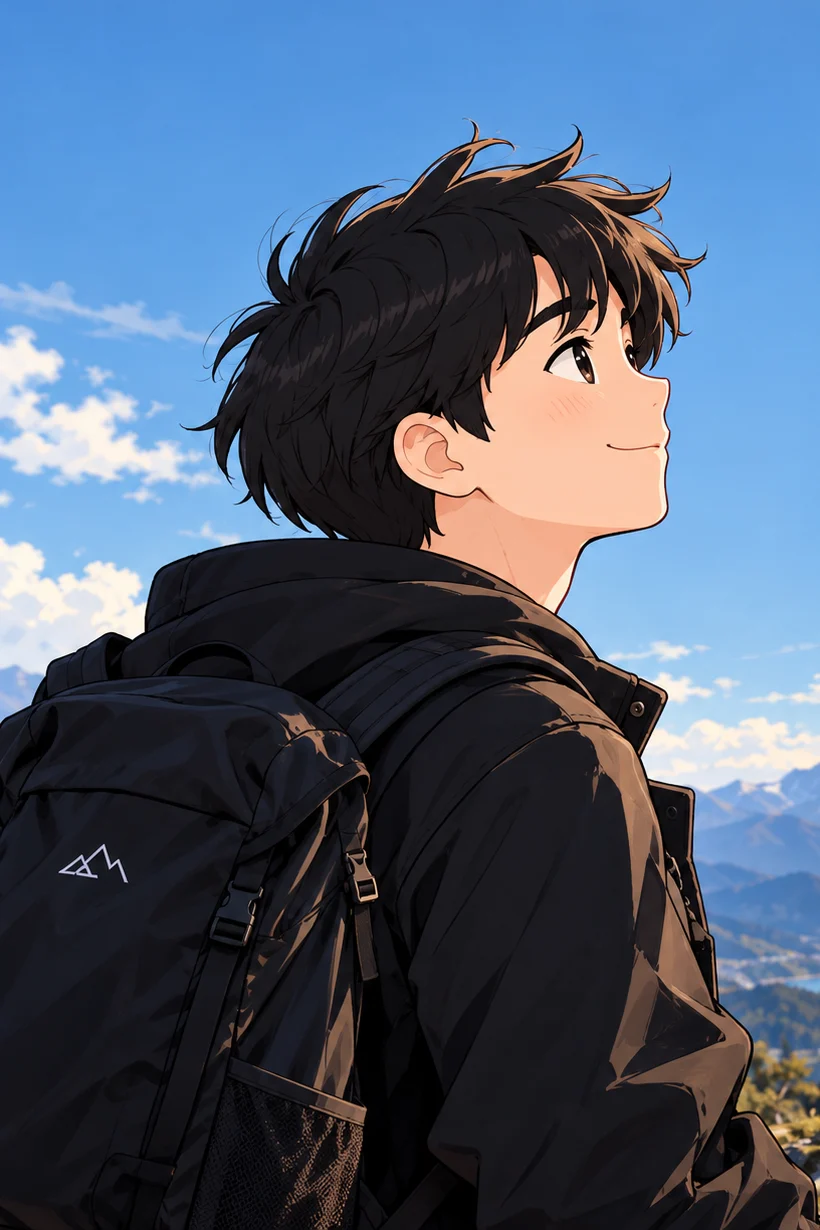 Luke, in a black jacket with a backpack, looking up at a wide blue sky over mountains.