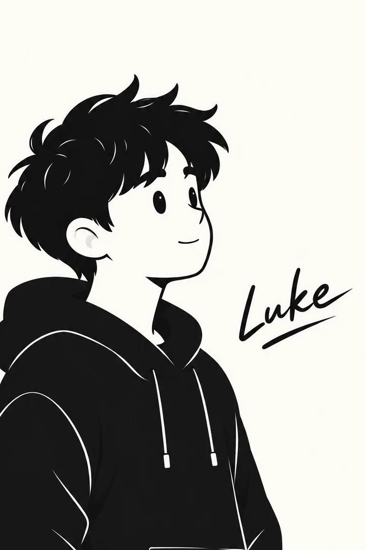 Ink sketch of Luke in a hoodie, looking up, signed Luke.